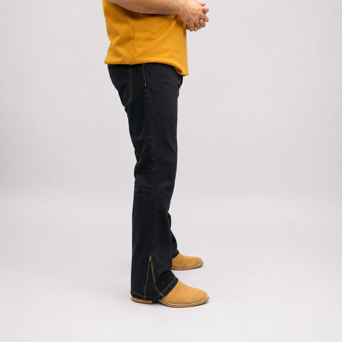 Jet Black Gold-Stitch Zip-Hem  Denim