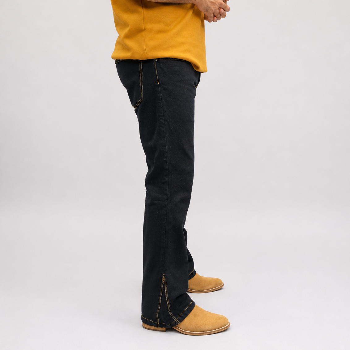 Jet Black Gold-Stitch Zip-Hem Denim Jean