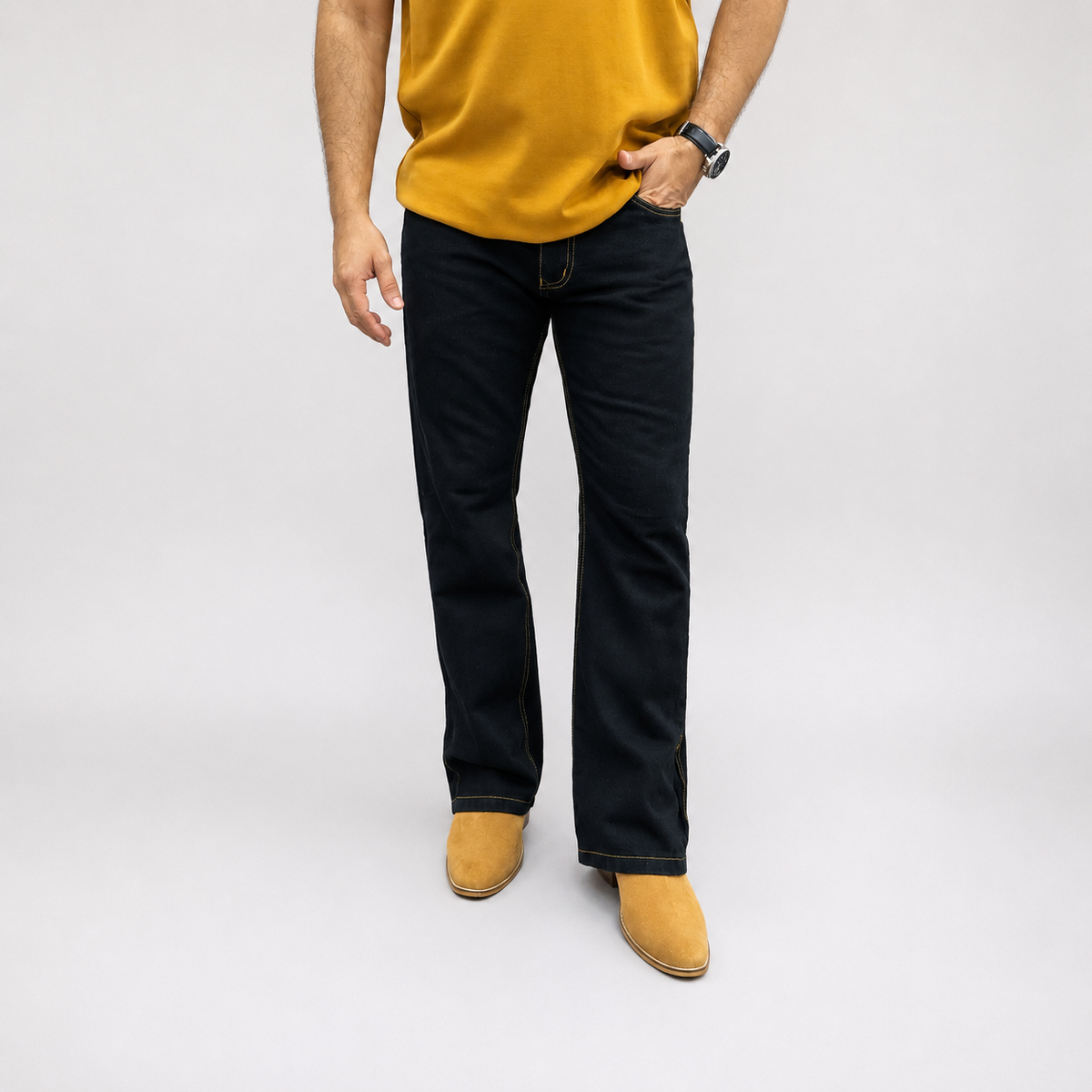 Jet Black Gold-Stitch Zip-Hem Denim Jean