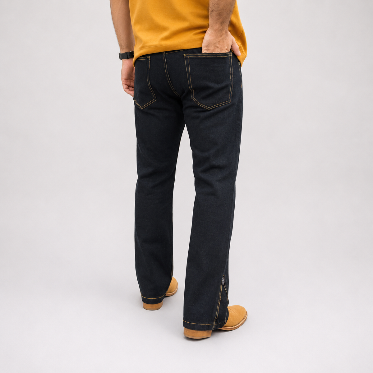 Jet Black Gold-Stitch Zip-Hem  Denim Jean