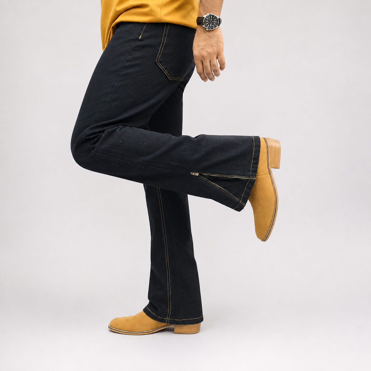 Jet Black Gold-Stitch Zip-Hem  Denim Jean